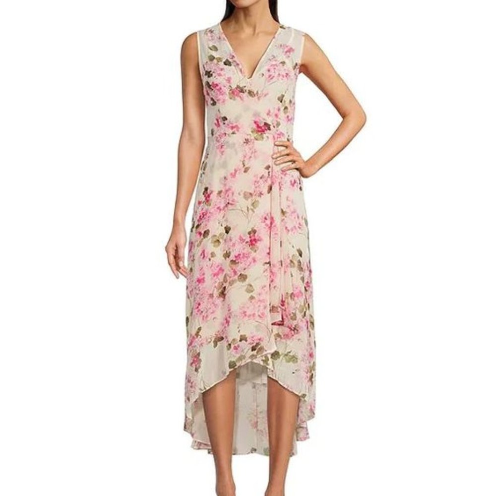 NWT Calvin Klein Pink Chiffon Floral Sleeveless Surplice Tiered Midi Dress Sz 6